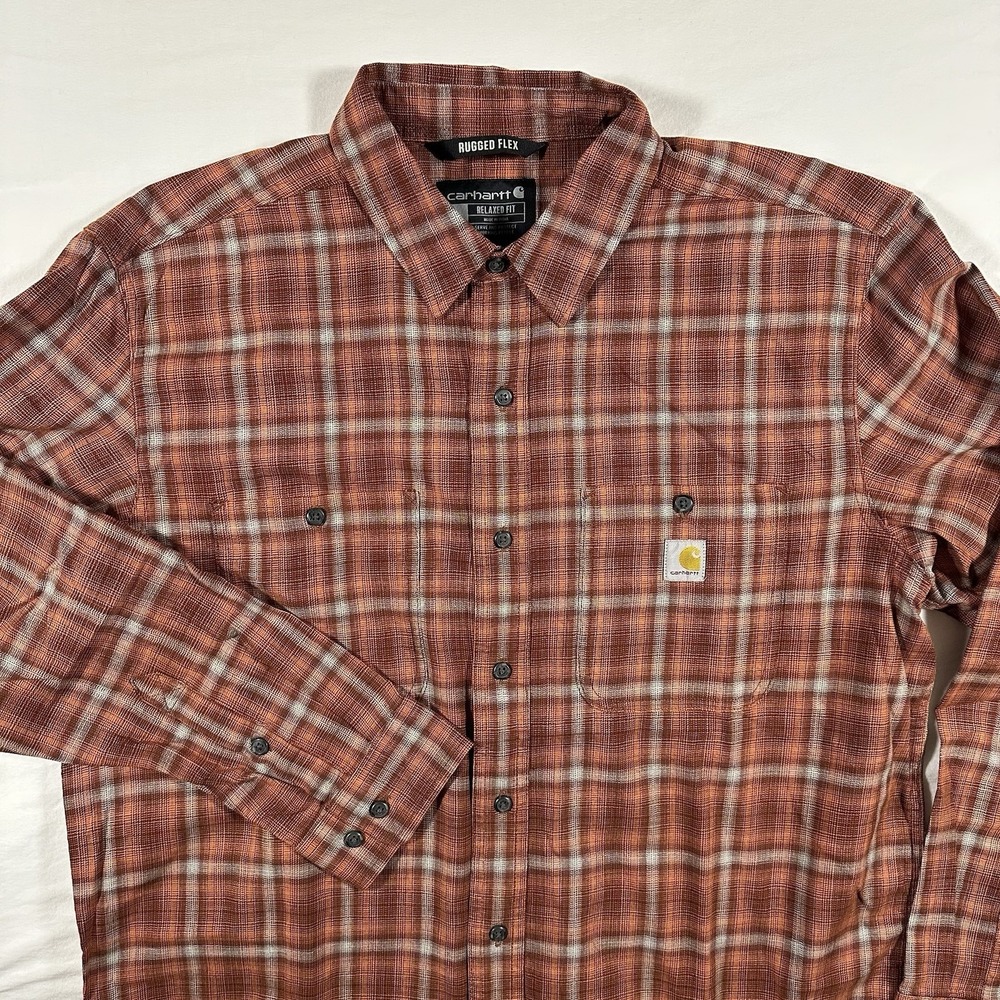 Carhartt Flannel Shirt Men's Large Burnt Orange Plaid Rugged Flex Relaxed Fit